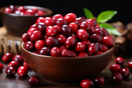 Organic ripe cranberries in a wooden bowl on rustic wooden background for thanksgiving recipesの素材