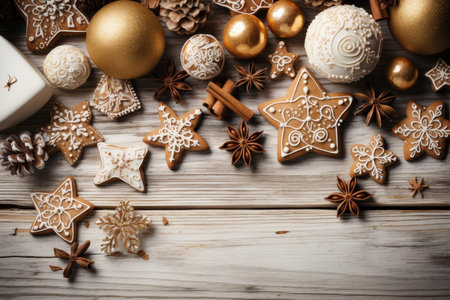Christmas frame with gingerbread, fir tree, pine cones, and toys on white wooden backgroundの素材