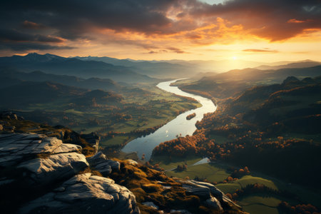 Breathtaking mountain slope and lake view at sunset, ideal for nature and landscape photographyの素材