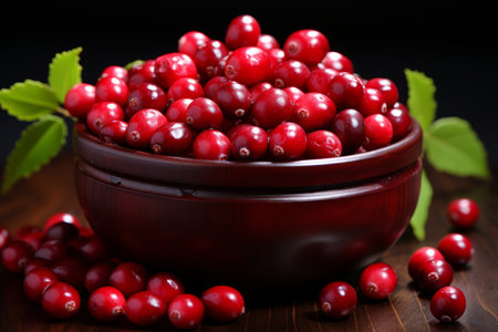 Organic cranberries in a rustic wooden bowl on a natural wooden background, fresh healthy fruitの素材