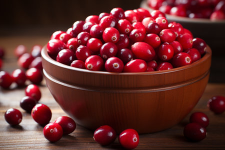 Organic fresh picked cranberries in a charming wooden bowl displayed on rustic wooden surfaceの素材