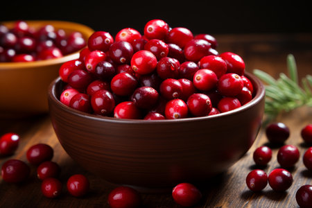 Organic cranberries in wooden bowl set on a rustic wooden background for natural food concept.の素材