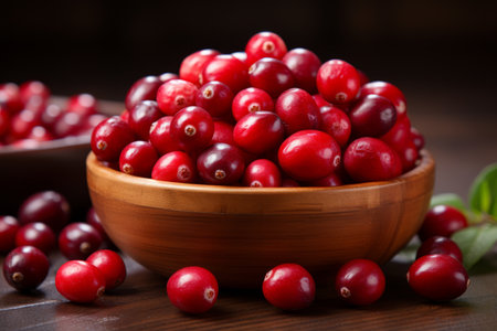 Ripe red cranberries in vintage wooden bowl on dark rustic wooden surface backgroundの素材
