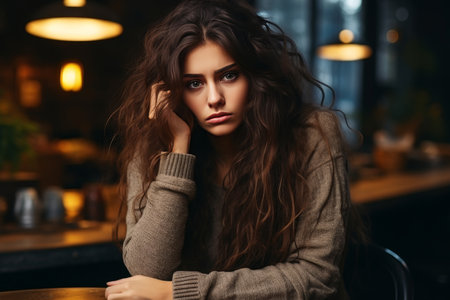 Portrait of a pouting young girl deep in contemplation, lost in her melancholic thoughtsの素材