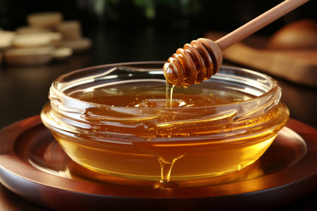 Vintage glass jar filled with fresh golden honey, rustic composition for food and drink conceptsの素材