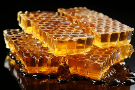 Detailed close-up of honeycomb filled with busy bees in a hive, natural backgroundの素材