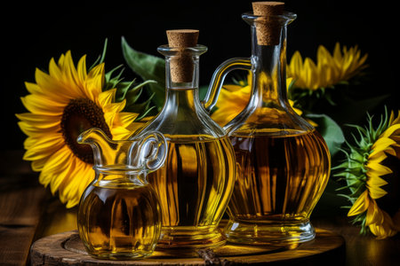 Vintage glass jar with sunflower oil and seeds on soft yellow background, organic conceptの素材