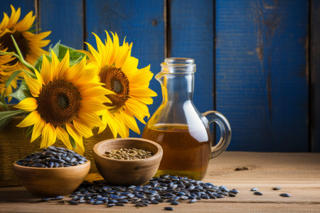 Vintage glass jar with sunflower oil and seeds on soft yellow background, food photography conceptの素材