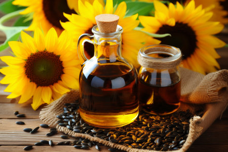 Vintage glass jar with sunflower oil and seeds on yellow background, homemade cooking themeの素材