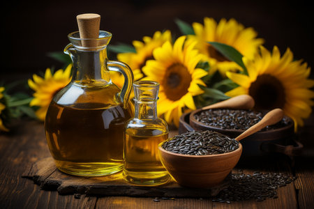 Vintage glass jar of sunflower oil and seeds on soft yellow background for cooking blogsの素材