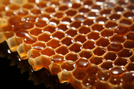 Fresh honeycomb with bee honey. Natural food background texture viewed from aboveの素材