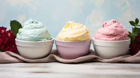 Vintage pink shabby chic ice cream bowls on white background with space for textの素材