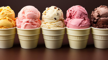 Colorful ice cream in white bowls on vintage pink shabby chic background with space for textの素材