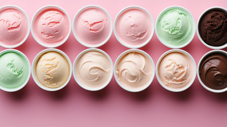 Top view ice cream in white bowls on pink vintage background with place for textの素材