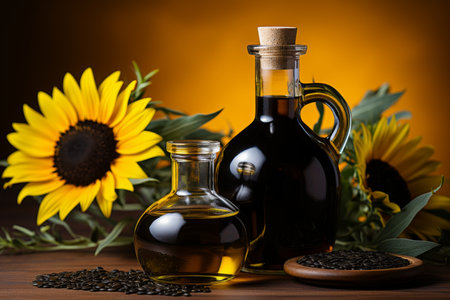 Vintage glass jar with sunflower oil and seeds on yellow background, kitchen conceptの素材