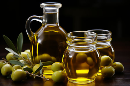 Vintage glass jar filled with olive oil on soft green background with fresh green olivesの素材