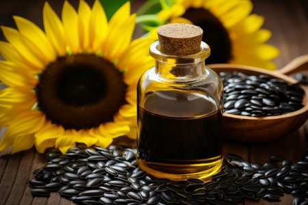 Vintage glass jar with sunflower oil and seeds on soft yellow background, organic ingredient conceptの素材