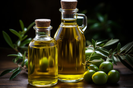 Vintage glass jar with olive oil on green background, fresh green olives branchの素材