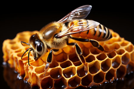 Close-up view of bees working on honey cells and collecting nectar - macro photography of natureの素材