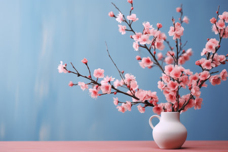 Stunning cherry blossom branch on soft focus blue background, beautiful spring floral compositionの素材