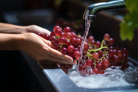 Woman washing grapes under faucet in modern kitchen sink for healthy food preparation and cookingの素材