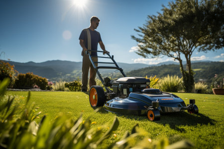 Man moving lawn at home. gardening with mower on green grass on a beautiful summer day with blue skyの素材