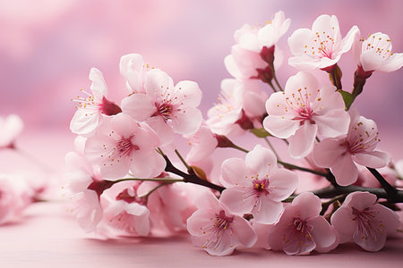 Beautiful cherry blossom branch with pink flowers on soft blurred background, spring nature conceptの素材