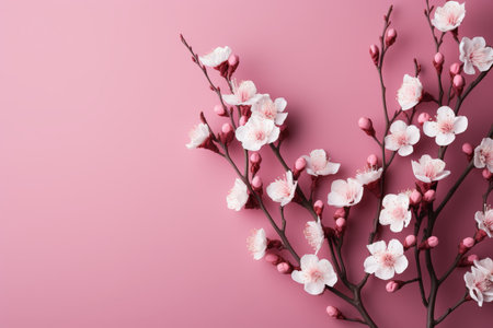 Cherry blossom branch on pink blurred background - beautiful spring floral composition in natureの素材