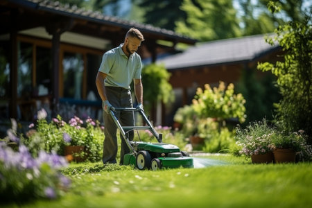 Man mowing the lawn with garden care mower machine on a beautiful summer day at homeの素材