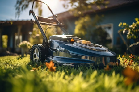 Professional grass cutting machine in green backyard garden with private house in backgroundの素材