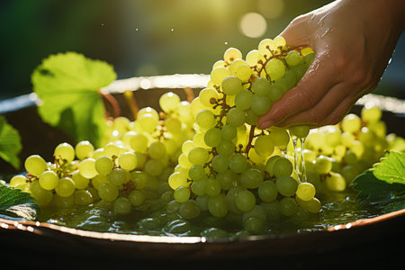 Close-up of afro womans hands washing grapes under running water in a modern kitchen sinkの素材