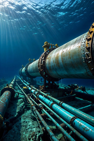 Iarge metal gas pipeline on the ocean floor. Sunlight filters through the clear water, highlighting the rusty pipe, flange, and bolts. Concept for transporting gas on the ocean floorの素材