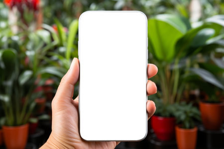 Person holding smartphone with blank screen on beautiful outdoor garden backgroundの素材