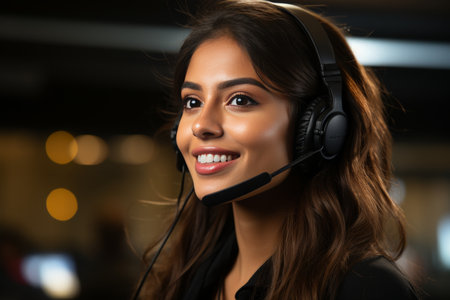 Face of young woman in call center using crm and headset for sales and customer support teamの素材