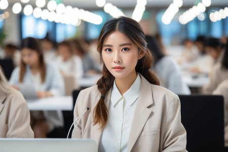Asian office worker on laptop in bright officeの素材