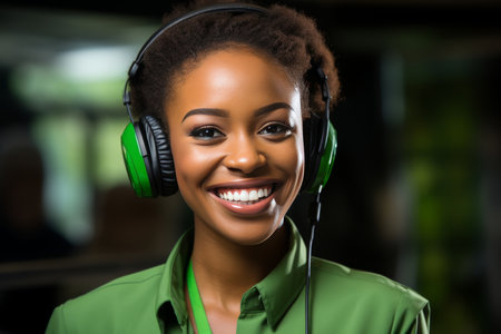 title. portrait of afro girl smiling while listening to music on headphones,の素材