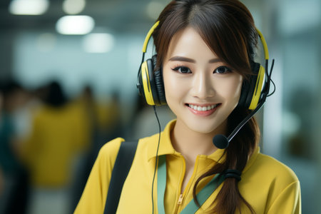 Face of Asian woman working in bright call center officeの素材