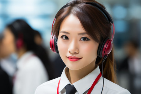Face of Asian woman call center worker in bright officeの素材