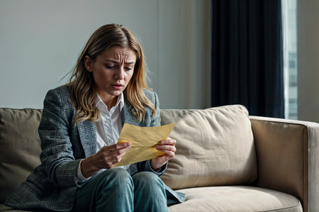 A woman is sitting on a couch and reading a piece of letter her face contorted with shock as she reads a letter filled with negative news. She is upset or worried about the contents of the documentの素材
