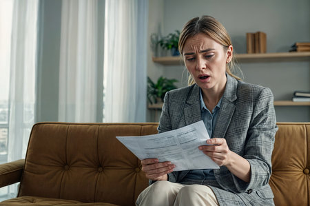 In a cozy living room, a woman sits on the couch, her eyes scanning a letter with a look of disbelief. The letter contains bad news, and her face shows the weight of the information.の素材