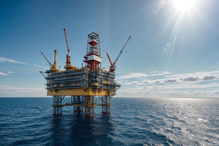 Oil rig platform in the Gulf on a summer afternoon with a serene atmosphere. As the waves gently lap against its base, the oil rig stands strong and proud, a symbol of man's conquest over the vast and unpredictable ocean.の素材