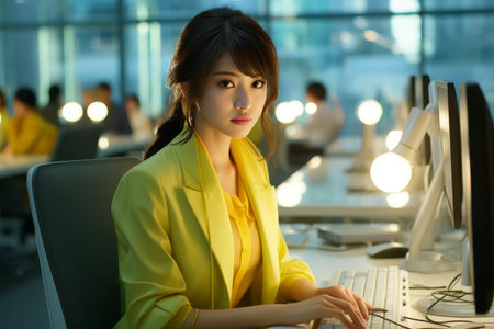 Asian call center worker in bright officeの素材