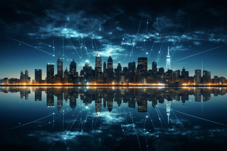 Cityscape with wireless network technology for smart city infrastructure at nightの素材