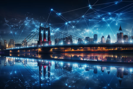Futuristic cityscape with advanced wireless network connection technology illuminated at nightの素材