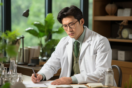 Tired asian doctor scientist working overtime in office, exhausted from heavy workloadの素材