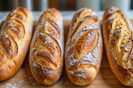 Four loaves of bread are lined up on a wooden table. French baguette on kitchen table stock photo of traditional French bread for culinary conceptsの素材