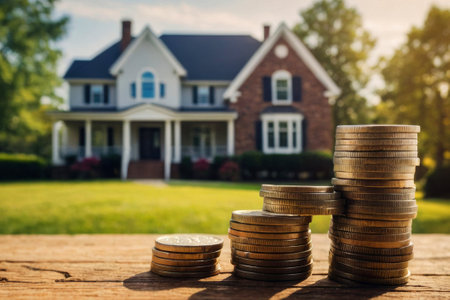 Conceptual model of saving and buying real estate of stacks of coins on the background of a house modelの素材