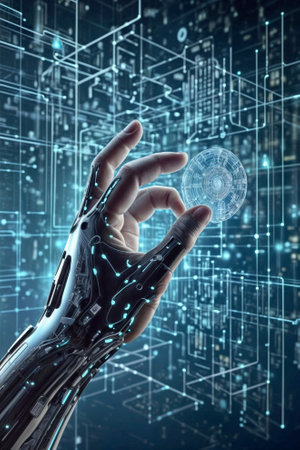 Ideal for tech future, AI, digital age articles. Robot hand holding glowing sphere of digital data, symbolizing digital future advanced technologyの素材