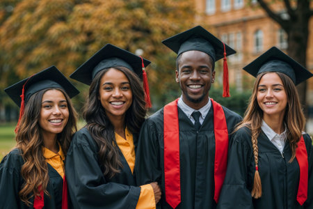 Four college graduates in cap and gown posing on campus after ceremonyの素材
