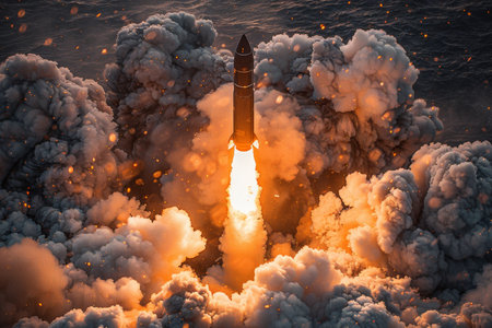 Military rocket launches into the sky, displaying raw power and precision in combat operationの素材
